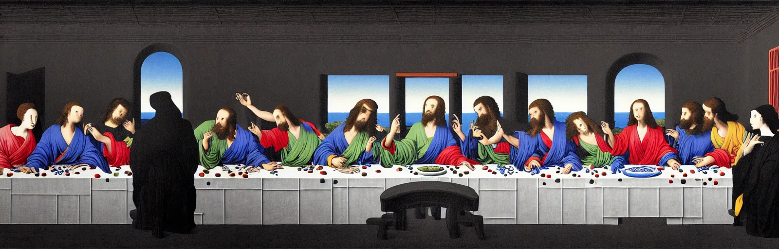 Image similar to colorful!!! the last supper by rene magritte, hokusai, darth vader by laurie greasley and bouguereau, ( ( etching by gustave dore ) ), ultraclear intricate, sharp focus, highly detailed digital painting illustration, concept art, masterpiece