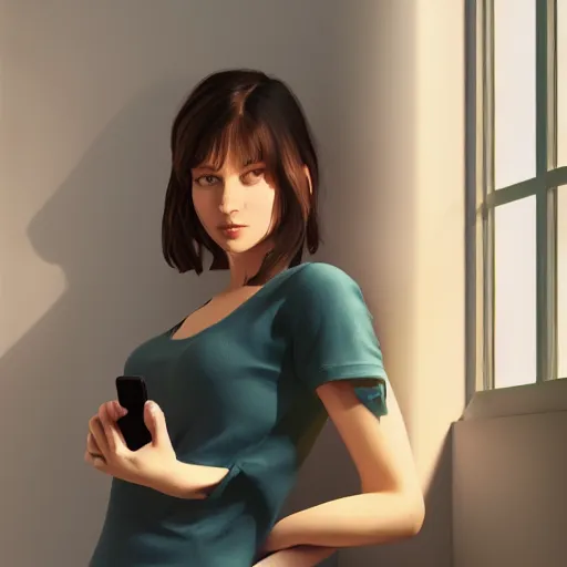 Prompt: Girl with dark brown hair, on her phone, in a bright room, contemplating if she should join a group chat, trending on artstation, artstationHQ, artstationHD, artstation photorealism, 4k, 8k