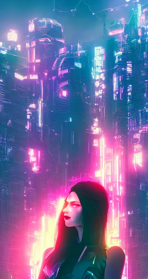 Prompt: Portrait of a beautiful cyberpunk women, trending on artstation, city skyline on background, neon lights, glow, sunset, crystal color, 4k