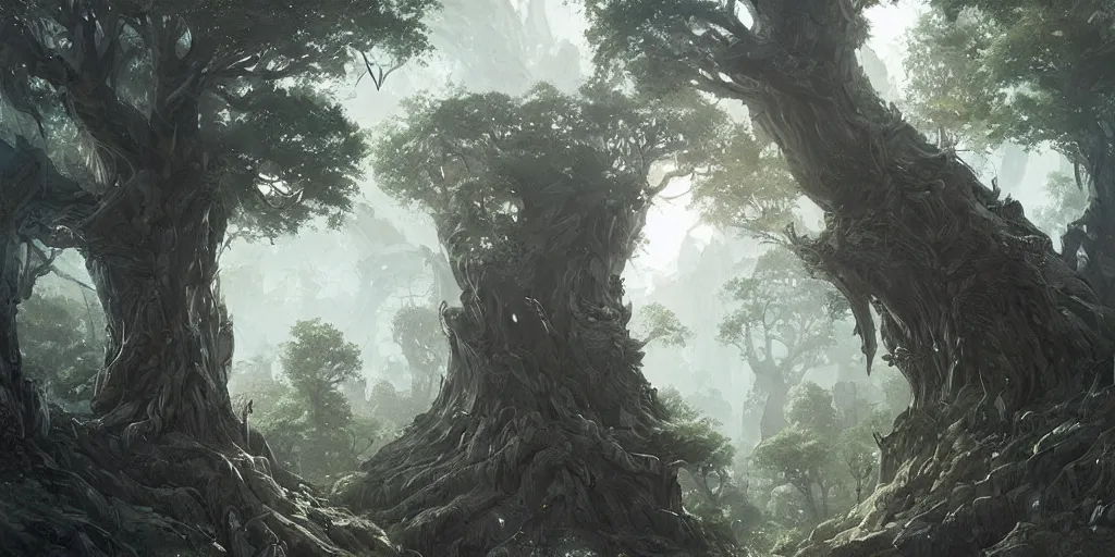 Image similar to a vast ancient tree city, greg rutkowski, 8 k, shallow depth of field, intricate detail, concept art,