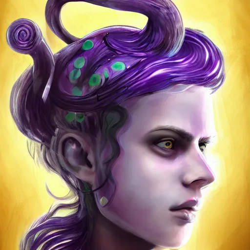 Prompt: artstation young teen with purple eyes and tentacles on her head in fury, very detailed, in glass town, portrait, high contrast