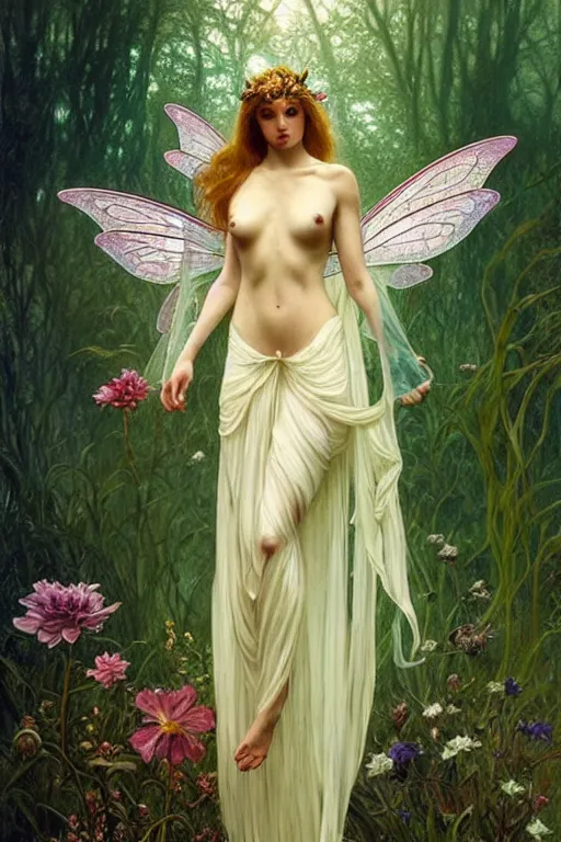 Prompt: full body fairy goddess!! plant metamorphosis, perfect face!!, fantasy, intricate, elegant, dramatic lighting, emotionally evoking symbolic metaphor, highly detailed, photorealistic, artstation, concept art, smooth, sharp focus, art by john collier and albert aublet and krenz cushart and artem demura and alphonse mucha