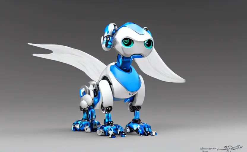 Image similar to cute robotic griffin, white and blue metal, in the style of Pixar, CGI, trending on art station, 8K