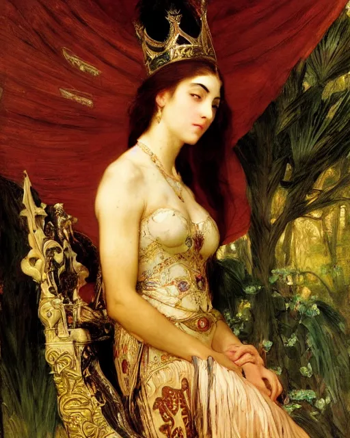 Prompt: an illustration of a queen on a throne at night by frederick arthur bridgman, by georgia o keeffe, by gustave moreau, by bouguereau, realistic, detailed, oil painting, 1 9 th