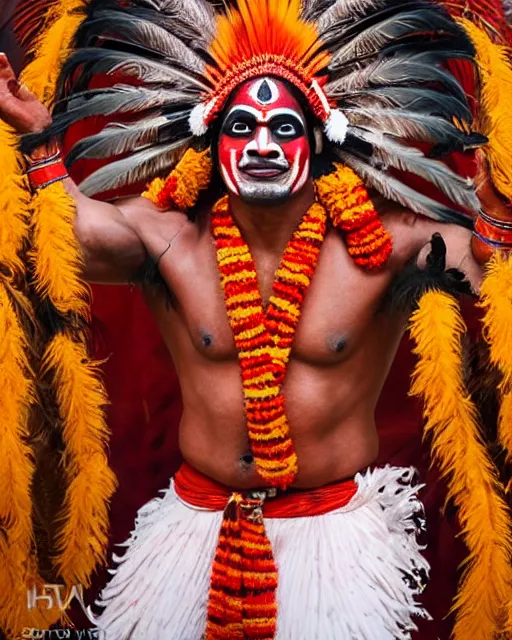 Image similar to photo of Dwayne Johnson as a Dramatic Theyyam male dancer with painted face wearing traditional theyyam costume in the style of stefan kostic, full body, feather native american headgear, realistic, sharp focus, symmetric, 8k high definition, insanely detailed, intricate, elegant, art by stanley lau and artgerm, Hajime Sorayama, William-Adolphe Bouguereau