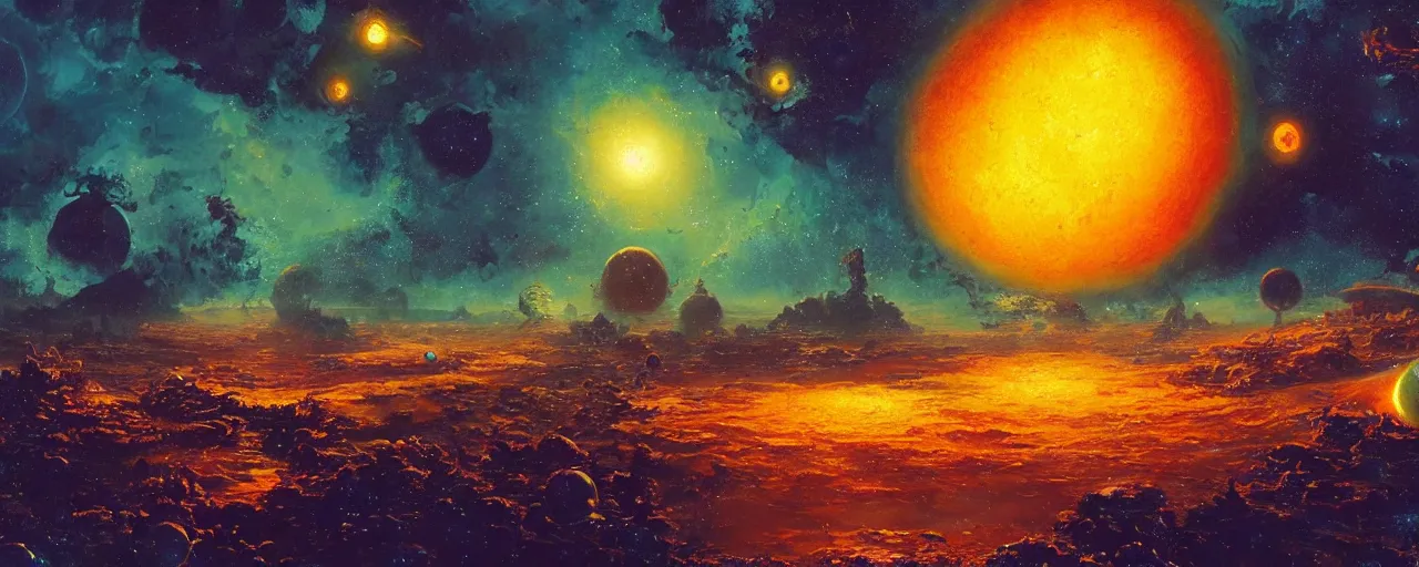 Image similar to ” outer planet covered in dripping honey, [ art by paul lehr, cinematic, detailed, epic, widescreen, opening, establishing, mattepainting, photorealistic, realistic textures, octane render ] ”