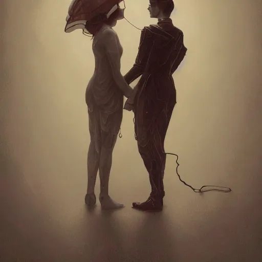 Prompt: victorian robotic couple, walking a human on a lead, beauty portrait, smooth, sharp focus, award - winning, masterpiece, in the style of of beth cavener, jin kagetsu, james jean and wlop, face symmetry, masterpiece, award winning, sharp focus, intricate concept art, ambient lighting, artstation