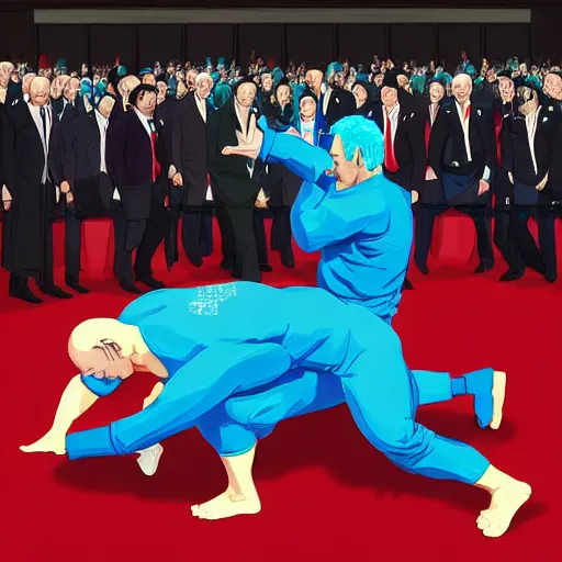 Prompt: Joe Biden fight Xi Jinping in a wrestling match, funny, caricature, realistic, detailed, full body, teal suit, intricate, elegant, highly detailed, artstation, sharp focus, illustration, art by Artgerm, Makoto Shinkai, Ilya Kuvshinov, Lois Van Baarle, and Rossdraws