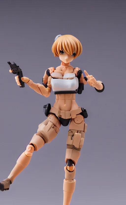 Image similar to marginal operation manga, toy photo, realistic face, dust and dirt, portrait of the action figure of a tan girl, realistic character anatomy, 3d printed, plastic and fabric, figma by good smile company, collection product, desert background, realistic ak47, 70mm lens, hard surfaces, photo taken by professional photographer, trending on Twitter, symbology, 4k resolution, low saturation, realistic military gear