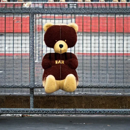 Image similar to photograph of a sad bear mascot sitting on wood bleachers