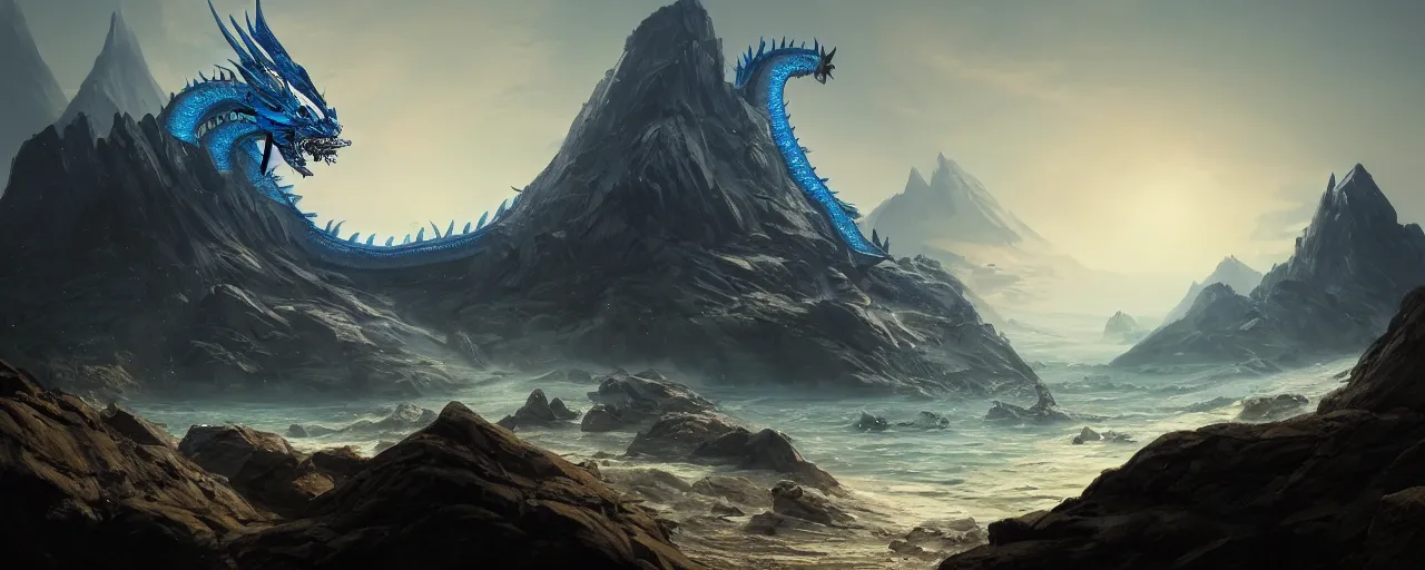 Image similar to The shimmering blue dragon lays upon the peak of the mountain, in the middle of the oceanic beach landscape, very detailed concept art, matte painting, digital art, concept art, realistic beautiful, trending on Artstation, Greg Rutkowski,