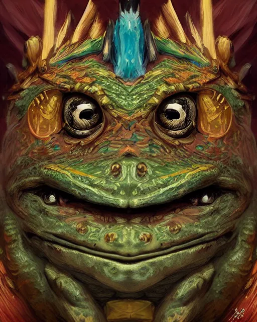 Prompt: digital painting of an aztec frog monster warrior by filipe pagliuso and justin gerard, symmetric, fantasy, detailed, intricate, portrait, sharp focus, tarot card, handsome, gwent