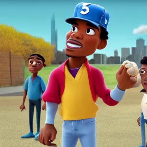 Image similar to a tv still of Chance The Rapper starring in a 2006 Pixar Animated movie