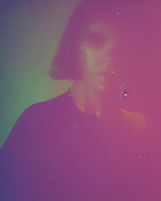 Image similar to futuristic woman's face, blank expression, violet and yellow and green lighting, polaroid photo, atmospheric, whimsical and psychedelic, grainy, expired film, super glitched, corrupted