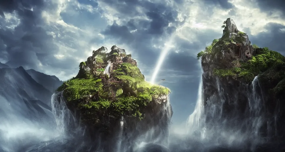 Prompt: A magnificent floating island in the sky above the sea, waterfall falling down, epic lighting, epic composition, cinematic, highly detailed, 4k