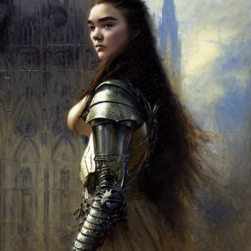 Image similar to young florence pugh, wearing dark black ornamented medieval armour, detailed, by gaston bussiere, bayard wu, greg rutkowski, giger, maxim verehin, greg rutkowski, masterpiece, sharp focus,