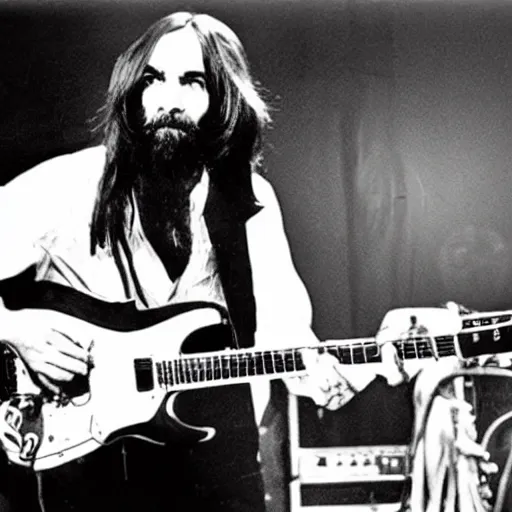 Image similar to charles manson playing guitar on stage with the beatles, black and white, high quality photography, realistic, detailed, uncropped, realistic face,