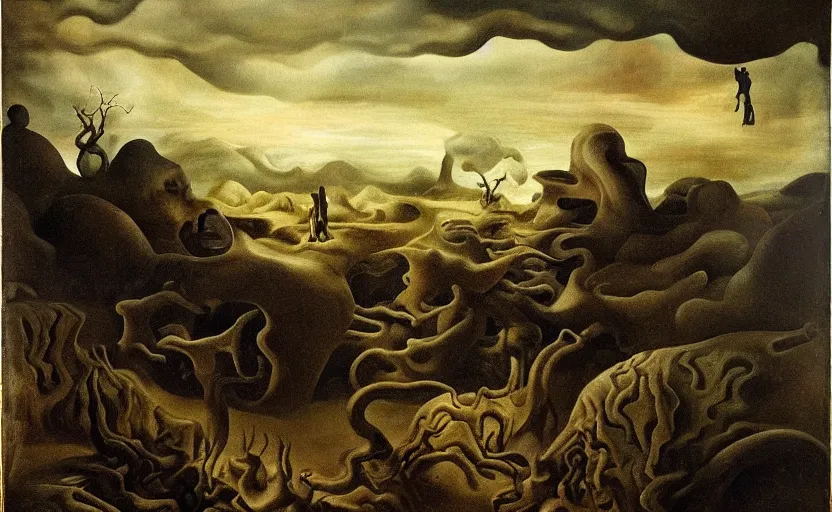 Prompt: strange disturbing surrealistic landscape with very small strange figures in the distance with large looming biomorphic figures looming inthe foreground, cast shadows, chiaroscuro, painted by dali and rachel ruysch, timeless disturbing masterpiece