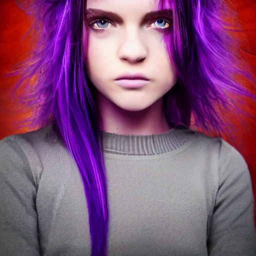 Image similar to detailed photo portrait of a furious teen girl with thin, hair-like purple tentacles on her head and bright purple eyes, 8k, trending on Pixiev, face enhance,hyper detailed ,full of colour,