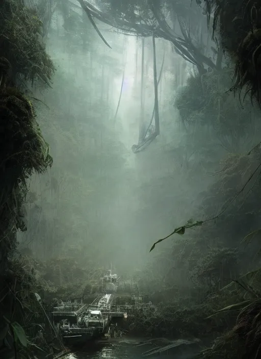 Image similar to aircraft carrier USS Nimitz overgrown with vegetation laying on the ground of a tropical forest, post appocalyptic, by Luis Royo, by Greg Rutkowski, dark, gritty, intricate, cover illustration, concept art, volumetric lighting, volumetric atmosphere, sharp focus, octane render, trending on artstation, 8k