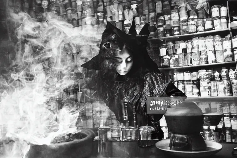 Image similar to polaroid 1 9 8 0's photo, close up portrait, dramatic lighting, concentration, calm confident teen witch and her cat mixing a spell in a cauldron, a little smoke fills the air, a witch hat and cape, a little green smoke is coming out of the cauldron, ingredients on the table, apothecary shelves in the background, still from harry potter