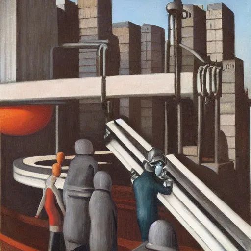 Image similar to powerless humans on a conveyor belt, guarded by fascist robot overlords, brutalist industrial processing facility, dystopian, pj crook, edward hopper, oil on canvas