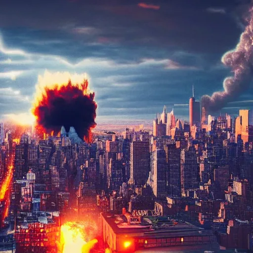 Image similar to nuclear explosion in New York city, very very very detailed, super high quality, UHD, Ray tracing, realistic