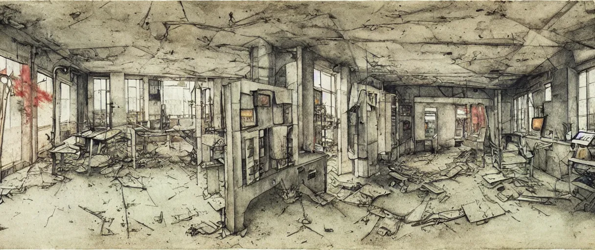 Image similar to abandoned laboroatory from cold war era, room full of cold war era computers, nuclear shelter, top secret industrial facillity, faded out colors, highly detailed muted colors, illustration by albrecht durer, fine art sketch