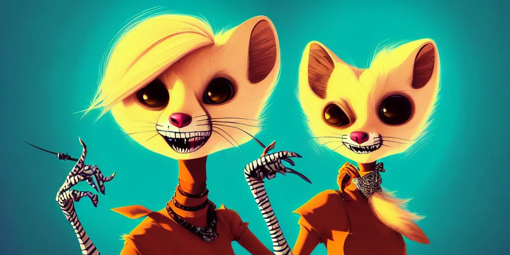 Image similar to curved perspective, extreme narrow, extreme fisheye, digital art of a female marten animal cartoon character wearing jewlery with blonde hairstyle by anton fadeev from nightmare before christmas