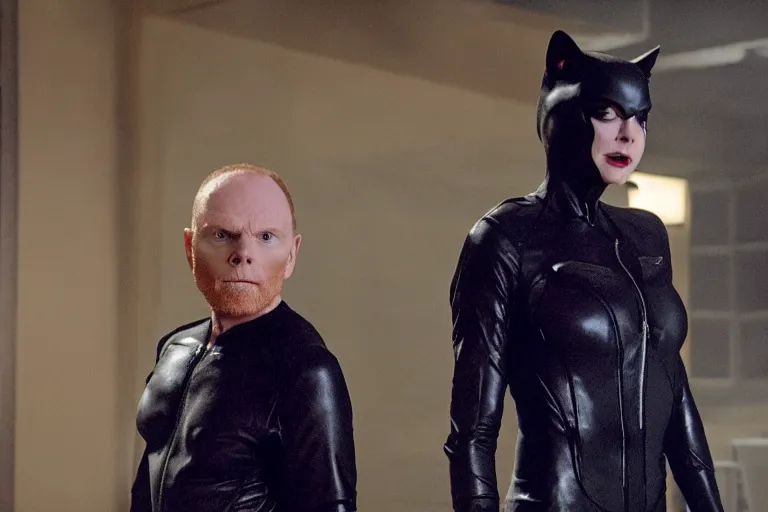 Image similar to a film still of Bill burr in catwoman, high quality