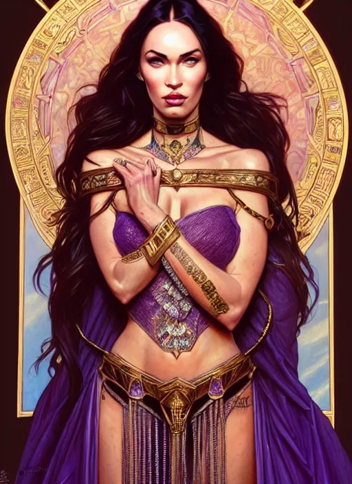 Image similar to portrait of megan fox as a queen, throne, jewelry, greek, amethyst, intricate, headshot, highly detailed, digital painting, artstation, concept art, sharp focus, cinematic lighting, illustration, art by artgerm and greg rutkowski, alphonse mucha, cgsociety