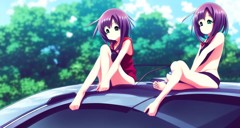 Prompt: A anime art of asian modern girl character sitting on hood subaru car, digital art, 8k resolution, anime style