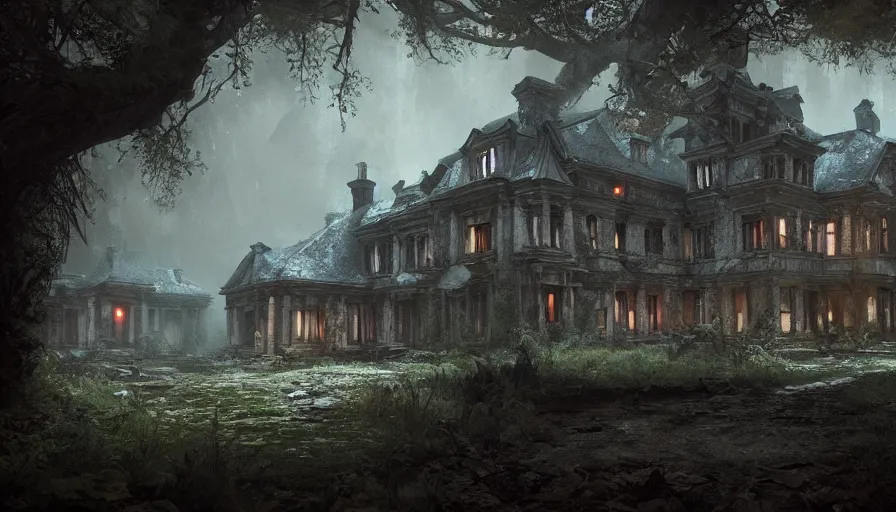 Image similar to abandoned manor in a dark wood, fps game view, hyperdetailed, artstation, cgsociety, 8 k