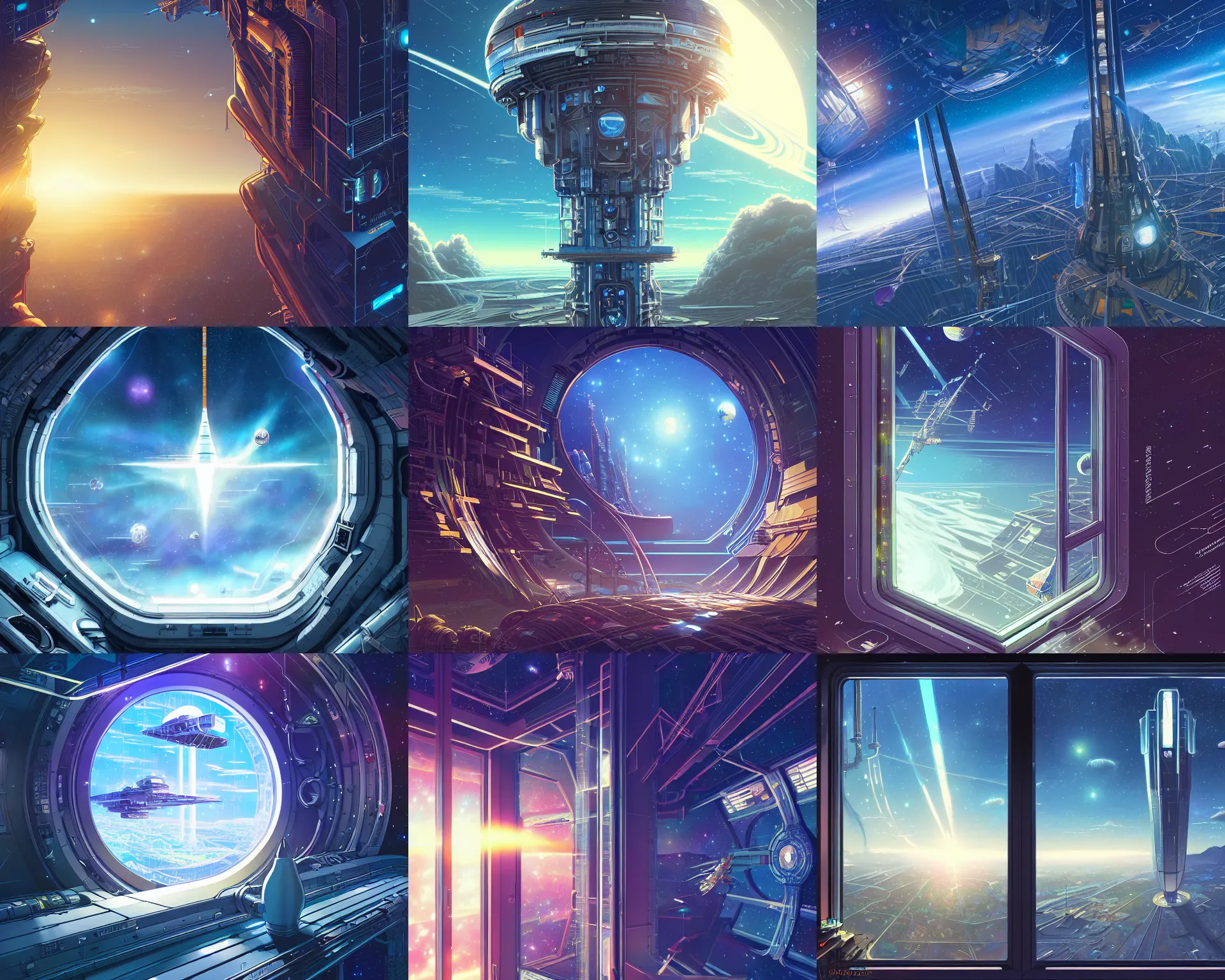 Prompt: space elevator, habitat window by dan mumford, yusuke murata, makoto shinkai, ross tran, cosmic, heavenly, god rays, intricate detail, cinematic, cel shaded, unreal engine, featured on artstation, pixiv