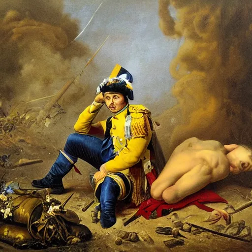 Prompt: Volodymyr Zelensky at war, dressed like Napoleon Bonaparte, sitting on the ground between dead corpses and weeping, holding a half burnt blue and yellow flag of Ukraine, in the style of Anne-Louis Girodet