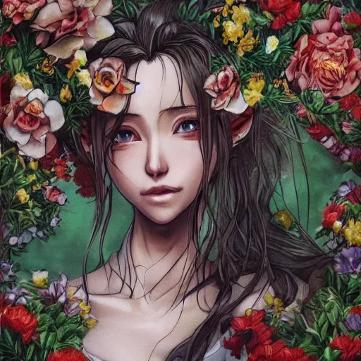 Image similar to concept art of aerith gainsborough with tattoos, amongst flowers, high quality, detailed, trending on artstartion