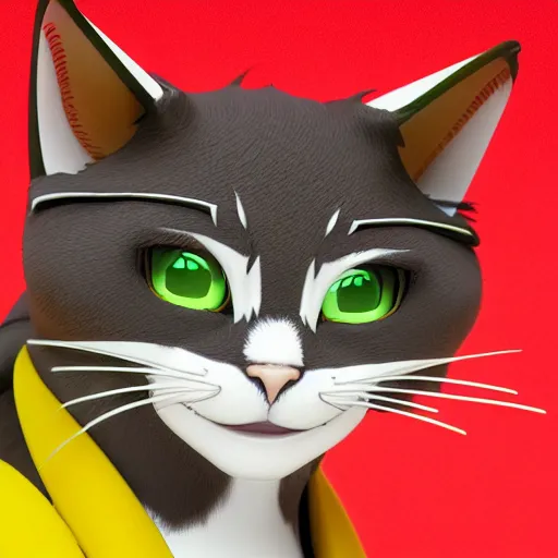 Image similar to Manga cover head & shoulders portrait of an expressive extremely angry ASMR anime cat, with a flashy modern background with black stripes, 3d render diorama by Hayao Miyazaki, official Studio Ghibli still, portra 400 macro photograph, Pixiv