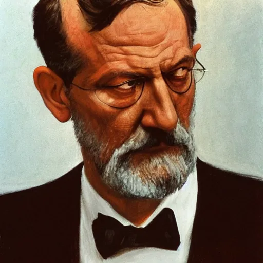 Image similar to sigmund freud as james bond, by robert e. mcginnis, by lucian freud, by neo rauch