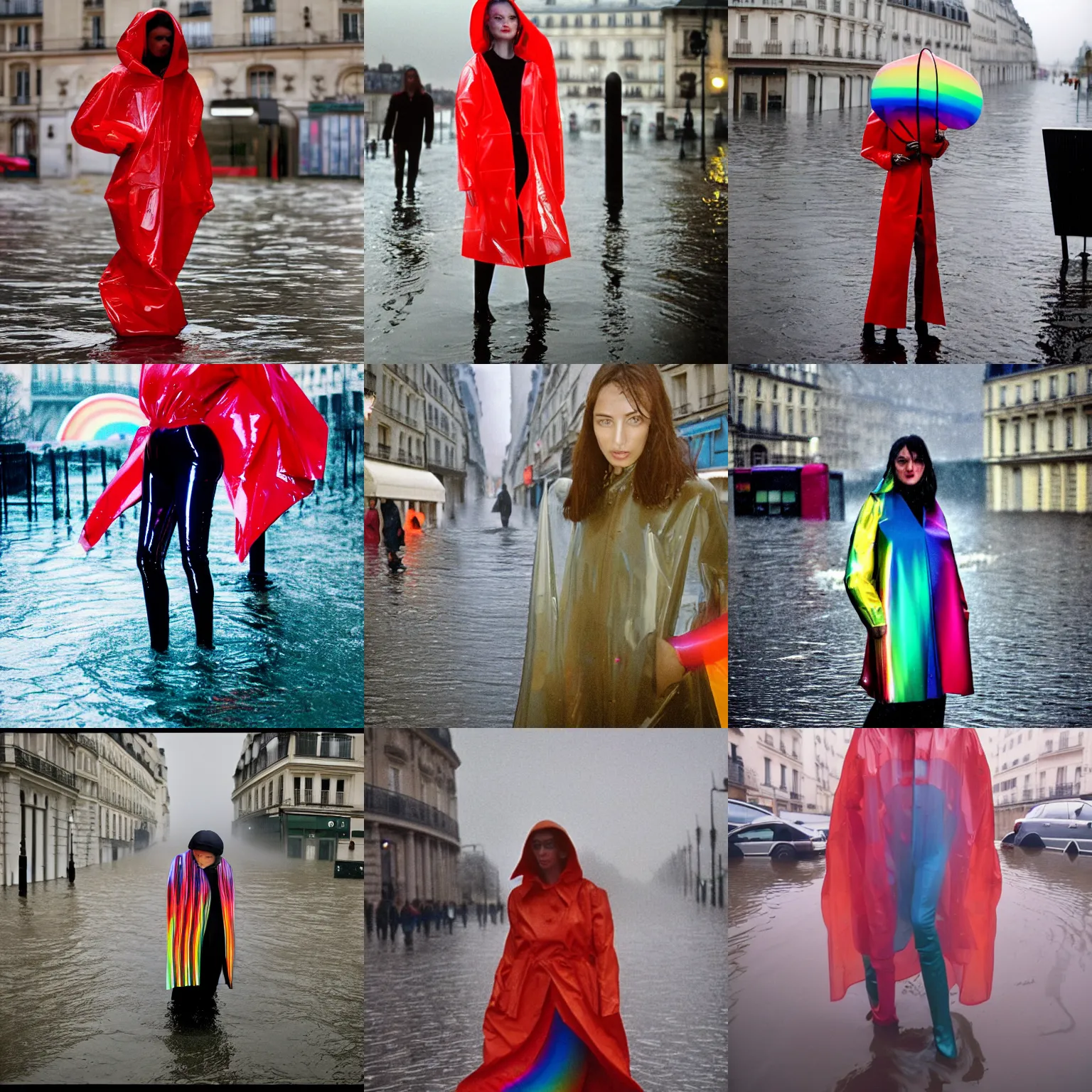 Prompt: Heavy rain during Paris fashion nighttime photoshoot of asymmetrical unusual model standig waist high in heavy floods, submerged to waste, wearing a translucent red refracting rainbow diffusion wet plastic zaha hadid designed pecular highlights raincoat by Nabbteeri, ultra realistic, 1970s cinema camera, agfa film, 4K, 35mm lens, full body extreme closeup, focus on droplets, chiaroscuro by Nabbteeri, photorealistic, trending on instagram!