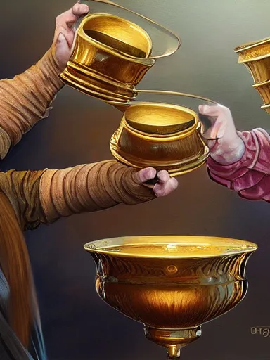 Image similar to a trio, a group of friends rejoicing, cheers with golden cups. intricate, elegant, highly detailed, digital painting, artstation, concept art, sharp focus, illustration, by justin gerard and artgerm, 8 k