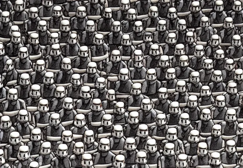 Image similar to a medieval tapestry of an army of storm troopers standing in ranks aboard a star destroyer