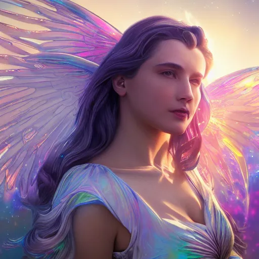 Image similar to an iridescent unicorn with translucent wings frolicking in a field of marijuana, a nebula is in the sky, art by artgerm and greg rutkowski and alphonse mucha, concept art, octane render, unreal engine 5, highly detailed, high quality, 8 k, soft lighting, realistic face, path traced