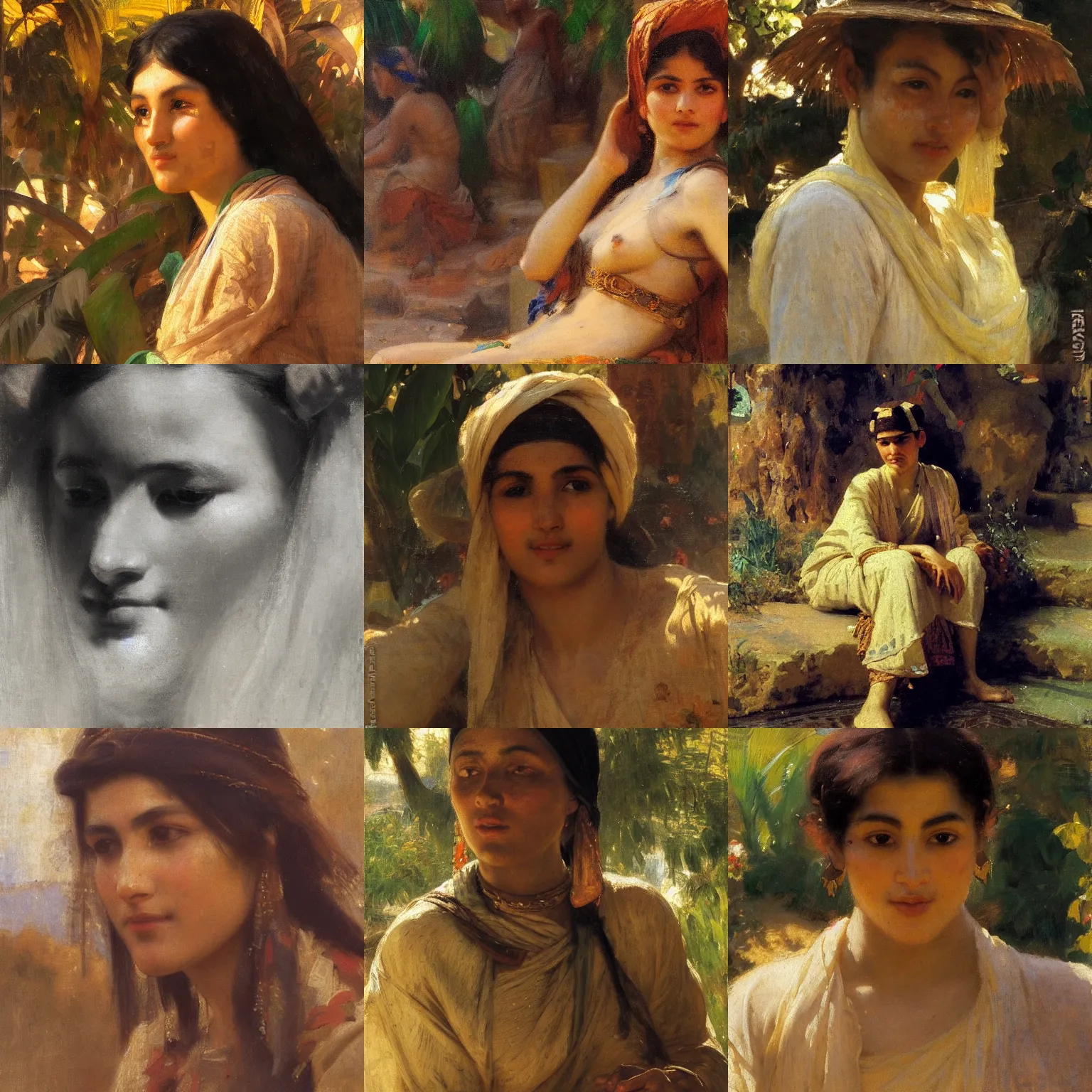 Prompt: orientalism face detail of a young shepardess at an oasis by theodore ralli and nasreddine dinet and anders zorn and nikolay makovsky and edwin longsden long, oil on canvas, masterful intricate artwork, excellent lighting, high detail 8 k