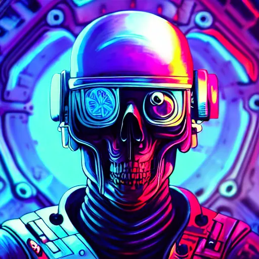Prompt: A cyberpunk space pirate warping time and space, wearing menacing skull space helmet, trading illegal goods, protomolecule, magic mushrooms, psilocybin, LSD, skull full face helmet, space helmet, futuristic, blade runner, detailed, intricate, elegant, highly detailed, digital painting, artstation, concept art, smooth, sharp focus, akira style illustration, art by Krenz Cushart and Artem Demura and Alphonse Mucha
