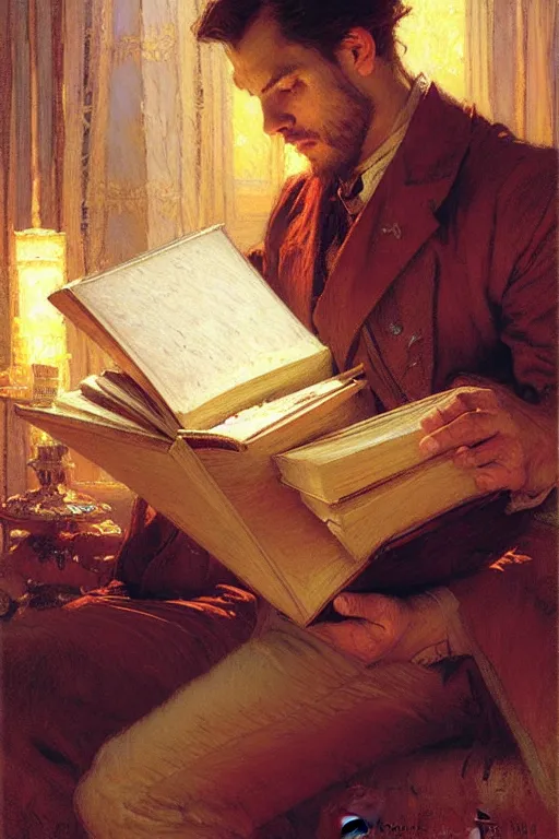 Image similar to attractive man reading books at night, painting by gaston bussiere, craig mullins, greg rutkowski, alphonse mucha