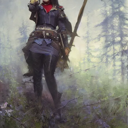 Image similar to Richard Schmid and Jeremy Lipking full length portrait photo of a beautiful ranger woman, dungeons and dragons, fantasy