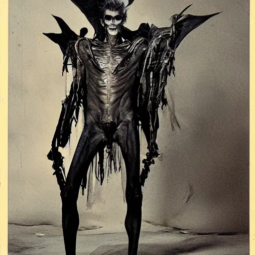 Image similar to david bowies as lucifer from neil gaimans sandman, standing at the gates of hel, holding a liong skeletal key