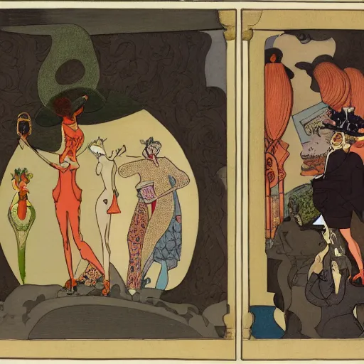 Image similar to rich by george barbier, by alex horley, by marius borgeaud kokedama. in the center of the mixed mediart is a large gateway that seems to lead into abyss of darkness. on either side of the gateway are two figures, one a demon - like creature, the other a skeletal figure.