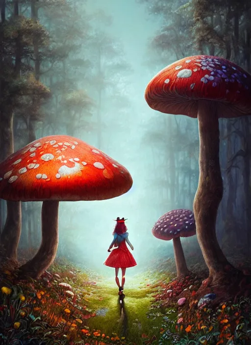 Image similar to alice in wonderland mushrooms detailed clothing, half body shot, arms down, path traced, highly detailed, high quality, digital painting, alena aenami, arnold bocklin, tom bagshaw