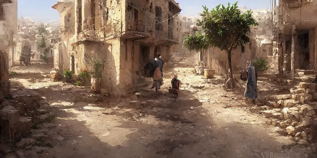 Image similar to hyper realistic, beautiful syrian village, cleaned up,, painted by greg rutkowski, highly detailed,